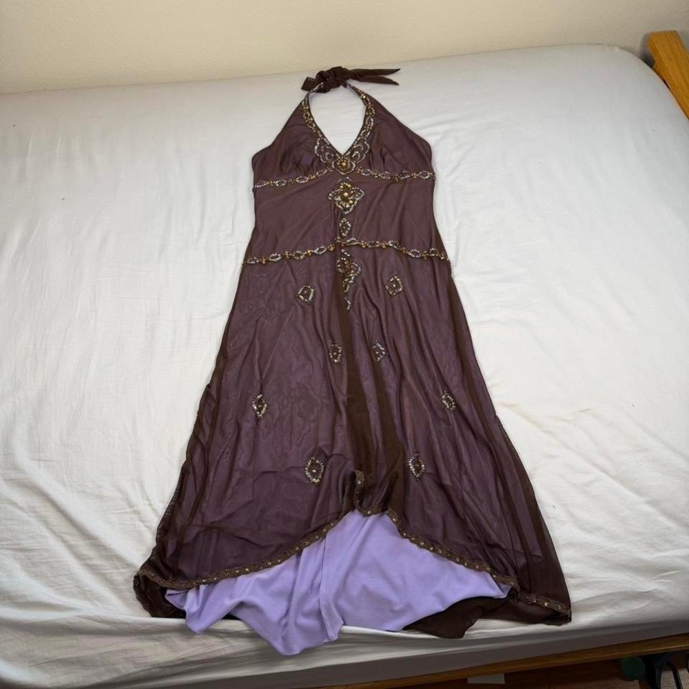 Vintage 90s y2k Ice brown/purple beaded fairy whimsy halter long dress - Picture 3 of 7
